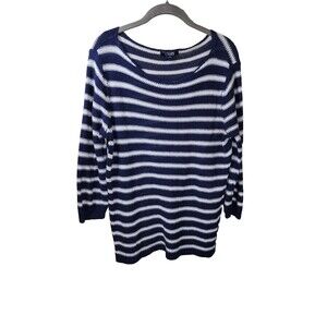 ​Chaps Womens L Linen Cotton Blend Knit Sweater Navy White Stripe Long Sleeve
